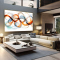 Pintura abstrata de ondas fluidas laranja e azul entrelaçadas sobre fundo branco, quadro decorativo