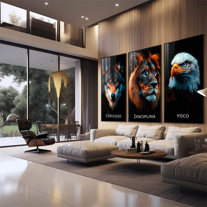 Quadro Decorativo Trio Inspirador Execução, Foco e Disciplina | quadros decorativos | Tríptico com lobo, leão e águia em preto e laranja com olhos azuis vibrantes | em Quadros para Escritorio | Porao dos Quadros