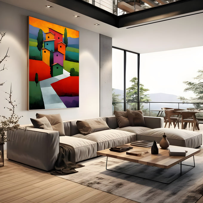 Casas coloridas empilhadas em colina com ciprestes e campos vermelhos e verdes, quadro decorativo