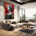 Quadro Decorativo Elegância Moderna | quadros decorativos | Busto clássico em branco e cinza sobre fundo vermelho vibrante com detalhes em dourado e preto. | em Quadros para Escritorio | Porao dos Quadros