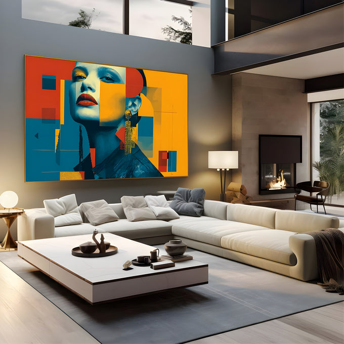 Mulher de lábios vermelhos e brinco dourado em blocos geométricos azuis e amarelos, quadro decorativo