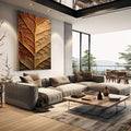 Quadro Decorativo Folha Gigante Aconchegante | quadros decorativos | Folha em relevo com degradê de âmbar a dourado, iluminação dramática realçando textura tátil | em Quadros para Escritorio | Porao dos Quadros