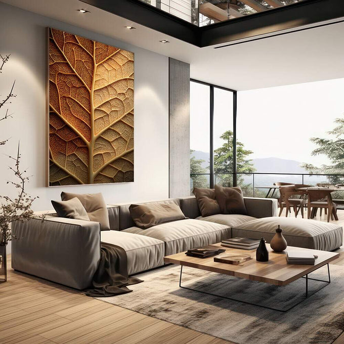 Quadro Decorativo Folha Gigante Aconchegante | quadros decorativos | Folha em relevo com degradê de âmbar a dourado, iluminação dramática realçando textura tátil | em Quadros para Escritorio | Porao dos Quadros