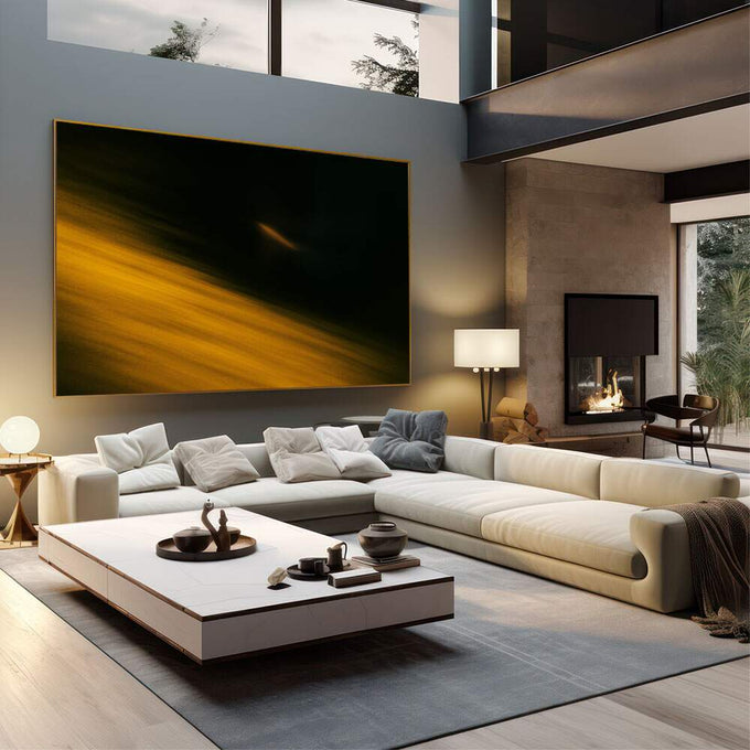 Quadro Decorativo Arte Dourada Moderna | quadros decorativos | Raios de luz dourada atravessando escuridão profunda com composição arquitetônica vertical | em Quadros para Escritorio | Porao dos Quadros