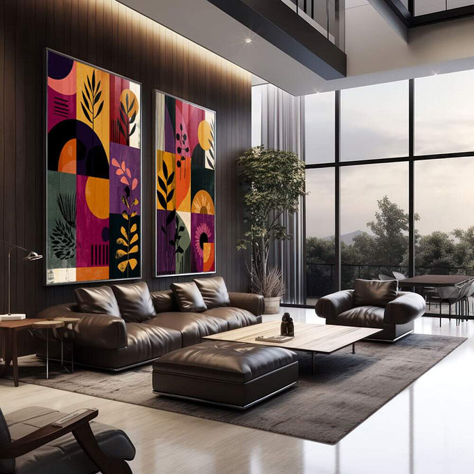 Quadro Decorativo Abstrato Vibrante | quadros decorativos | Dois painéis abstratos com formas geométricas em laranja, roxo, preto e tons neutros com flores estilizadas | em Quadros para Escritorio | Porao dos Quadros