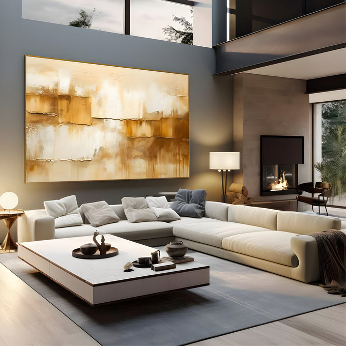Pintura abstrata com blocos texturizados em ocre, dourado e creme com escorridos, quadro decorativo