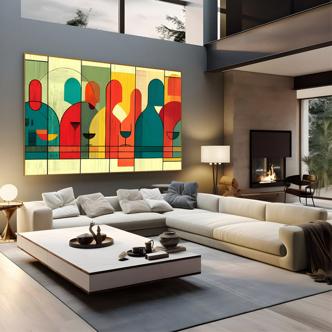 Garrafas de vinho e taças em formas geométricas vermelhas, verdes e amarelas, quadro decorativo