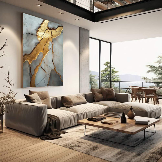 Quadro Decorativo Mármore com Detalhes em Dourado | quadros decorativos | Abstração com veios dourados rasgando tons cinzentos e azulados em composição elegante | em Quadros para Escritorio | Porao dos Quadros