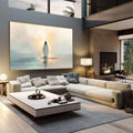Quadro Decorativo Reflexo Etéreo | quadros decorativos | Figura em branco na água sob amanhecer dourado com neblina azulada ao fundo | em Quadros para Escritorio | Porao dos Quadros