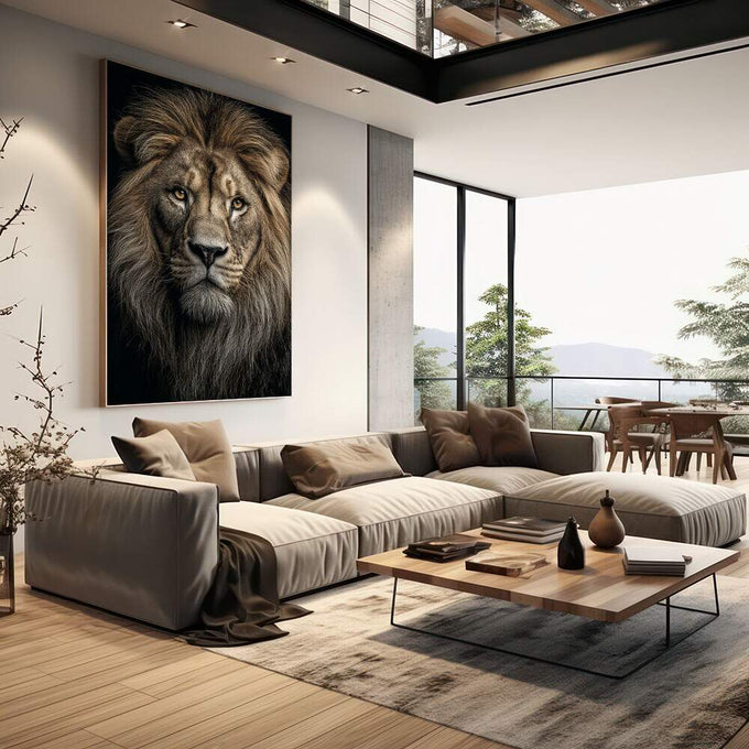 Quadro Decorativo Leão Majestoso | quadros decorativos | Leão majestoso em preto e branco com olhar penetrante em composição realista frontal. | em Quadros para Escritorio | Porao dos Quadros