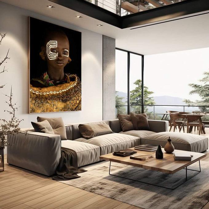 Quadro Decorativo Elegância Cultural | quadros decorativos | Retrato africano com máscara dourada geométrica e adornos tradicionais em ouro | em Quadros para Escritorio | Porao dos Quadros