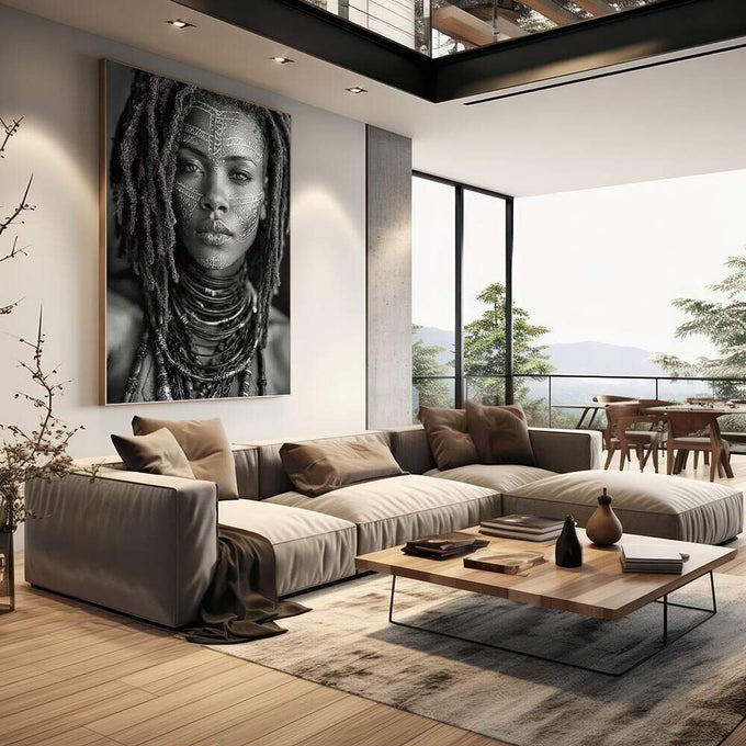 Quadro Decorativo Mulher Forte em Preto e Branco | quadros decorativos | Retrato de mulher africana com tatuagens rituais em preto e branco com composição contemplativa | em Quadros para Escritorio | Porao dos Quadros