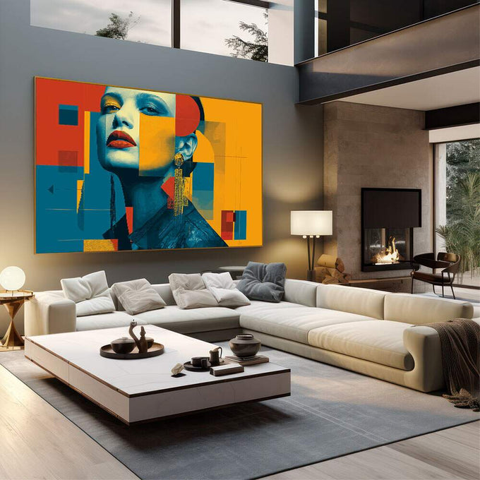 Quadro Decorativo Mulher Moderna | quadros decorativos | Mulher em composição pop art geométrica com tons azul, vermelho, amarelo e laranja vibrantes. | em Quadros para Escritorio | Porao dos Quadros
