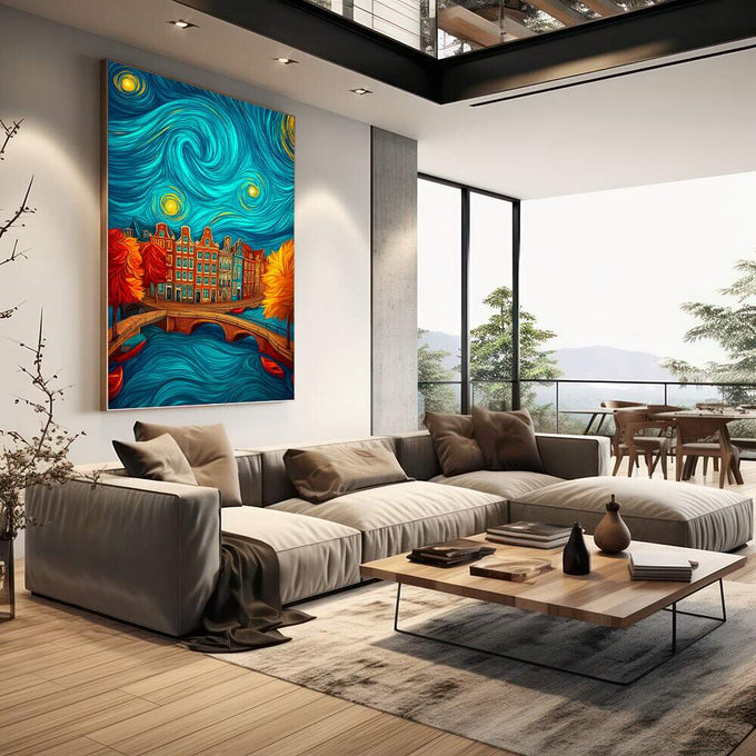Quadro Decorativo Cidade Sob o Céu Noturno | quadros decorativos | Céu azul com espirais douradas sobre prédios de Amsterdã com iluminação quente e vibrante | em Quadros para Escritorio | Porao dos Quadros