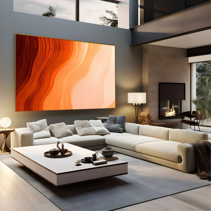 Pintura abstrata de ondas fluidas em degradê do laranja escuro ao pêssego claro, quadro decorativo