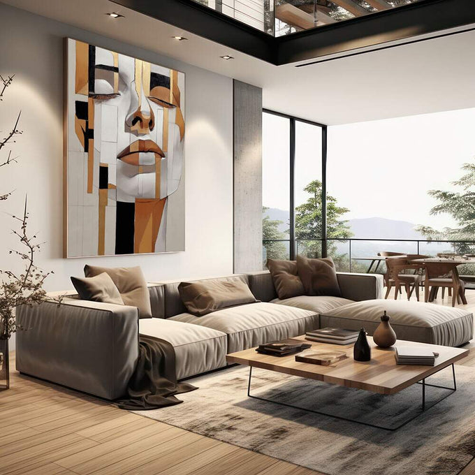 Quadro Decorativo Abstrato Rostos da Alma | quadros decorativos | Rosto feminino em composição geométrica com tons bege, branco e preto | em Quadros para Escritorio | Porao dos Quadros