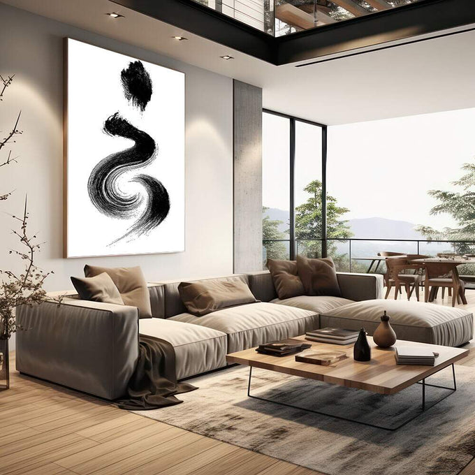 Quadro Decorativo Pincelada em Preto e Branco | quadros decorativos | Traços abstratos em preto e branco descrevem formas orgânicas e ondulantes em composição gestual | em Quadros para Escritorio | Porao dos Quadros