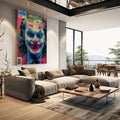 Quadro Decorativo - Retrato do Palhaço Moderno | quadros decorativos | Rosto colorido com olhos azuis, rosa e tons naturais em estilo pop art vibrante | em Quadros para Escritorio | Porao dos Quadros