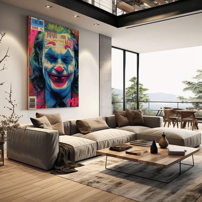 Quadro Decorativo - Retrato do Palhaço Moderno | quadros decorativos | Rosto colorido com olhos azuis, rosa e tons naturais em estilo pop art vibrante | em Quadros para Escritorio | Porao dos Quadros