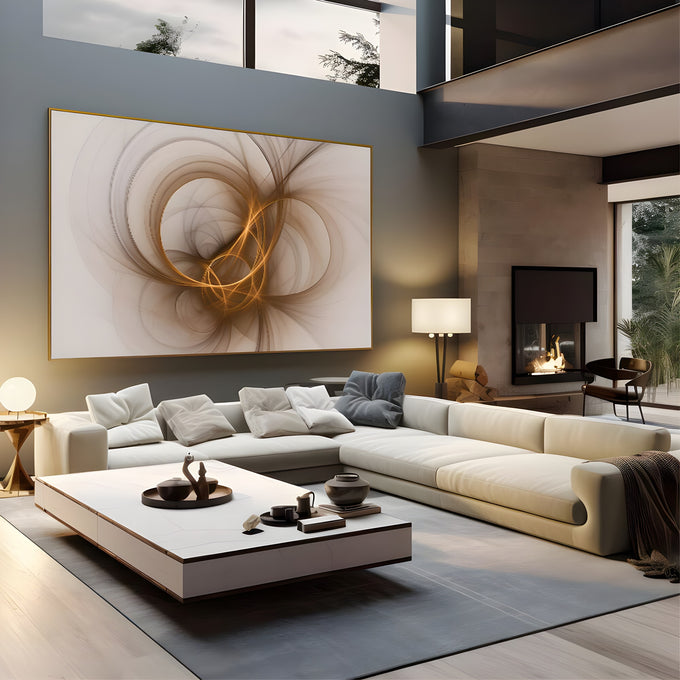 Linhas curvas douradas em espiral fluida sobre fundo bege claro, arte abstrata quadro decorativo