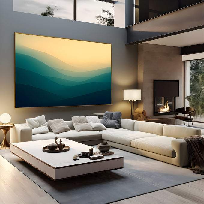 Montanhas minimalistas em camadas onduladas degradê verde-petróleo até amarelo claro, quadro decorativo