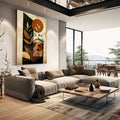Quadro Decorativo Harmonia Natural Moderna | quadros decorativos | Plantas geométricas em laranja e preto com sol e formas abstratas em composição vertical | em Quadros para Escritorio | Porao dos Quadros