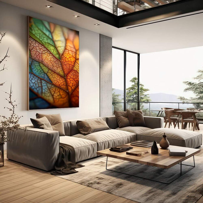 Quadro Decorativo Folhas Vibrantes | quadros decorativos | Folhas coloridas com luz natural em tons laranja, verde, azul e bege translúcidos. | em Quadros para Escritorio | Porao dos Quadros
