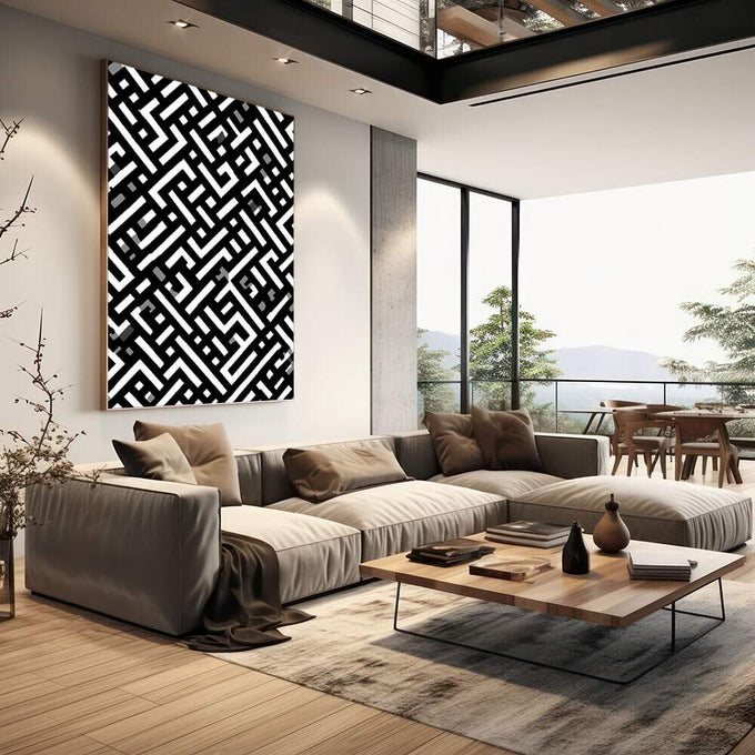 Quadro Decorativo Labirinto Preto e Branco | quadros decorativos | Padrão geométrico abstrato em preto e branco com linhas entrelaçadas e movimento visual contínuo | em Quadros para Escritorio | Porao dos Quadros