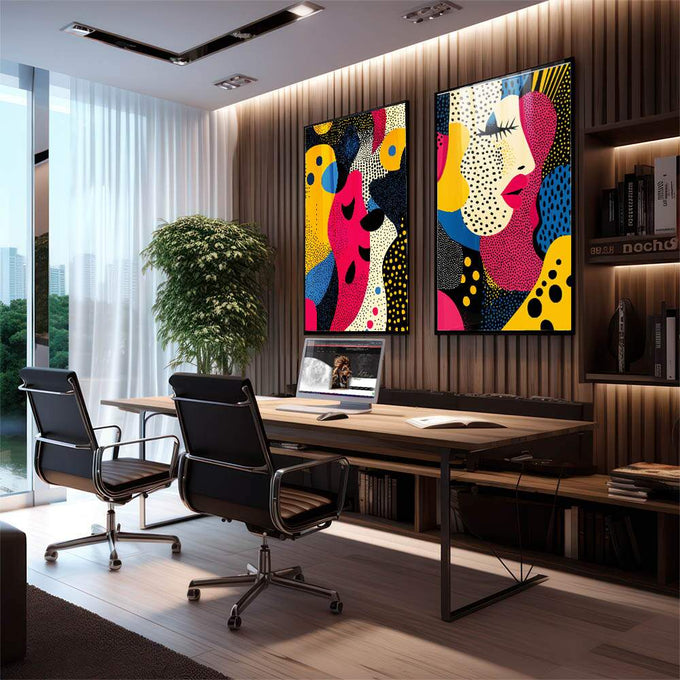 Quadro Decorativo Moderno: Elegância e Sofisticação em Dois Tons | quadros decorativos | Díptico pop art com rosto feminino em magenta, amarelo, azul e preto com padrões pontilhados | em Quadros para Escritorio | Porao dos Quadros