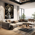 Quadro Decorativo Medusa Mitológica Luxuosa | quadros decorativos | Busto de Medusa com serpentes douradas em preto e branco, composição escultural clássica. | em Quadros para Escritorio | Porao dos Quadros