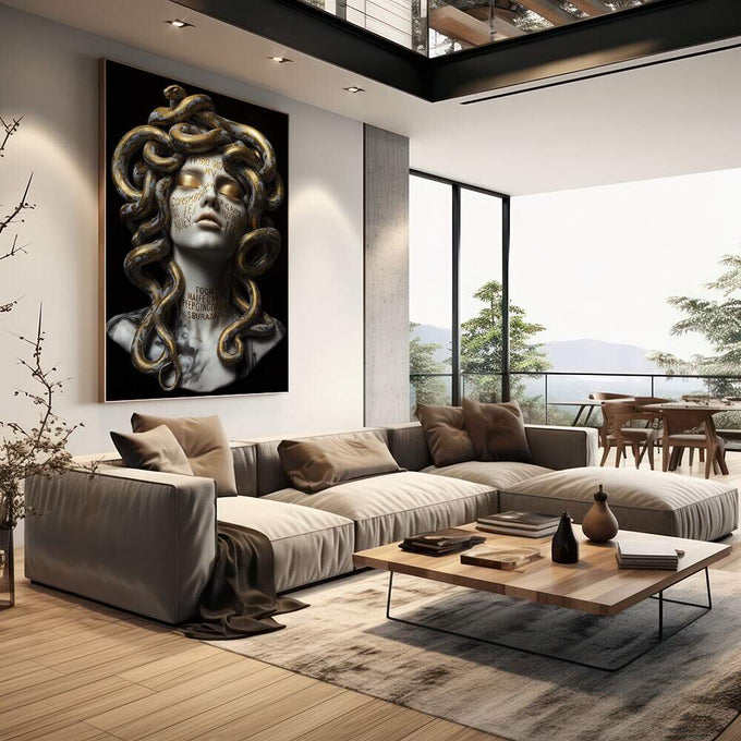 Quadro Decorativo Medusa Mitológica Luxuosa | quadros decorativos | Busto de Medusa com serpentes douradas em preto e branco, composição escultural clássica. | em Quadros para Escritorio | Porao dos Quadros