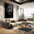 Quadro Decorativo Buda em Cinza Elegante | quadros decorativos | Retrato de Buda em preto e branco com textura profunda e olhos fechados em meditação. | em Quadros para Escritorio | Porao dos Quadros