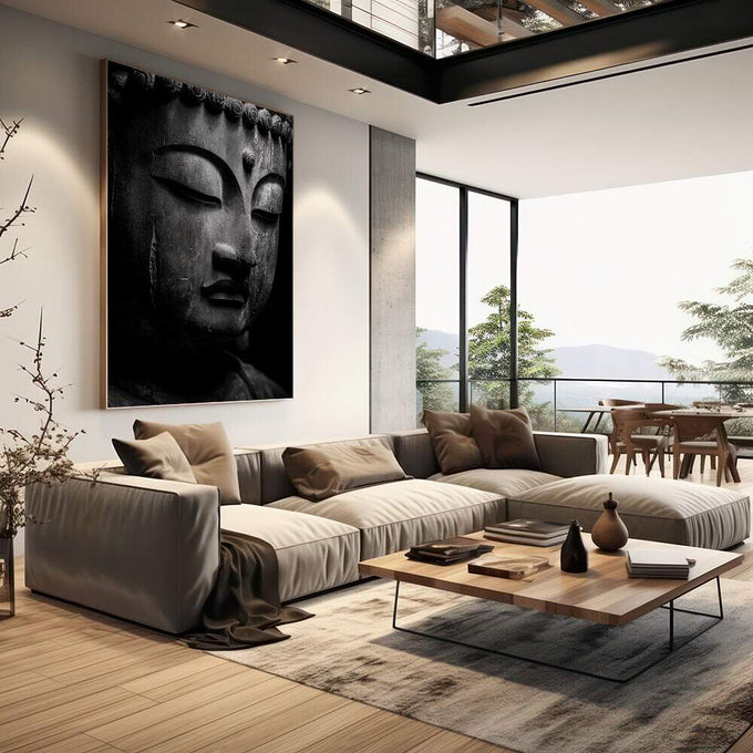 Quadro Decorativo Buda em Cinza Elegante | quadros decorativos | Retrato de Buda em preto e branco com textura profunda e olhos fechados em meditação. | em Quadros para Escritorio | Porao dos Quadros