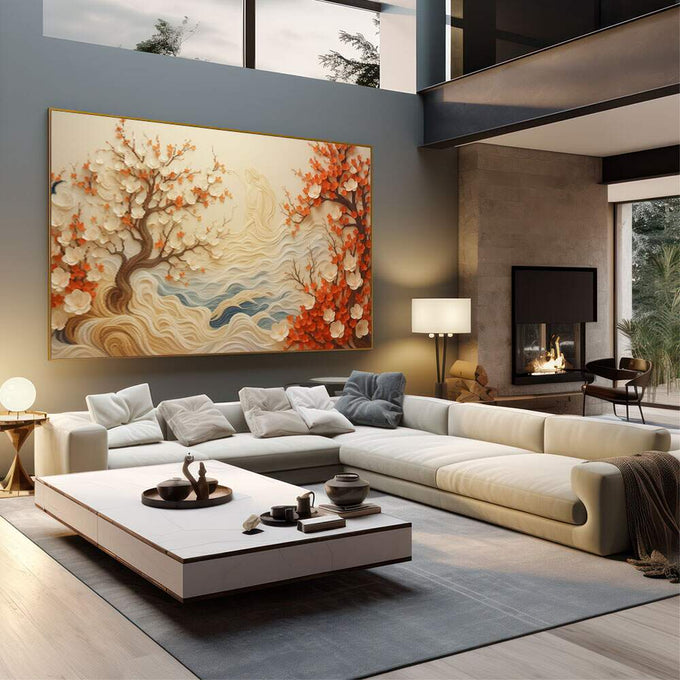 Quadro Decorativo Natureza em Flor | quadros decorativos | Árvores floridas em relevo com tons laranja e bege sobre paisagem ondulada texturizada | em Quadros para Escritorio | Porao dos Quadros