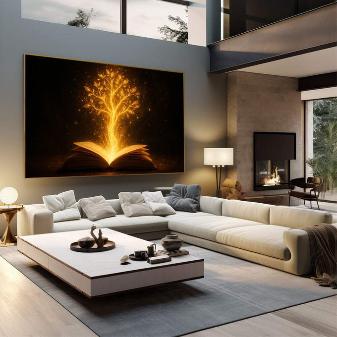 Quadro Decorativo da Luz do Conhecimento | quadros decorativos | Livro aberto com árvore dourada luminosa emergindo sobre fundo preto brilhante | em Quadros para Escritorio | Porao dos Quadros