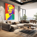 Quadro Decorativo - Marilyn Monroe Pop Arte | quadros decorativos | Retrato em Pop Art com cores vibrantes amarelo, roxo e vermelho em composição vertical | em Quadros para Escritorio | Porao dos Quadros