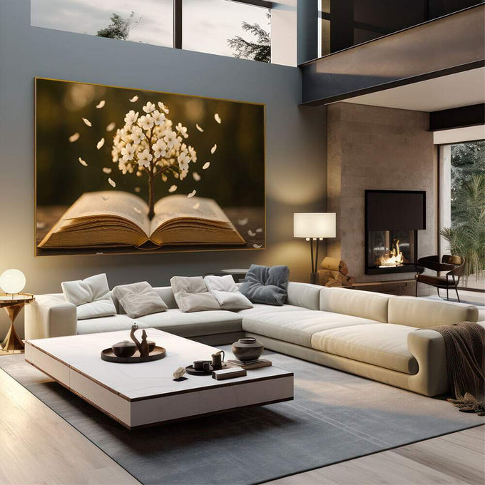 Quadro Decorativo: Livro e Árvore da Vida | quadros decorativos | Livro aberto com flor branca e pétalas flutuantes em tons dourados e creme | em Quadros para Escritorio | Porao dos Quadros