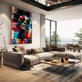 Quadro Decorativo: Estilo Urbano e Vibrante | quadros decorativos | Rosto com óculos em colagem urbana com cores vibrantes vermelho, azul, laranja e preto. | em Quadros para Escritorio | Porao dos Quadros