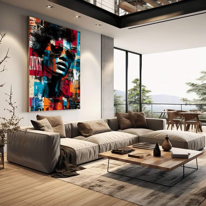 Quadro Decorativo: Estilo Urbano e Vibrante | quadros decorativos | Rosto com óculos em colagem urbana com cores vibrantes vermelho, azul, laranja e preto. | em Quadros para Escritorio | Porao dos Quadros
