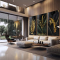 Quadro Decorativo: Luxo de Folhas Tropicais Douradas | quadros decorativos | Três painéis com folhas tropicais em dourado luminoso sobre fundo preto profundo com detalhes precisos. | em Quadros para Escritorio | Porao dos Quadros