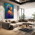 Quadro Decorativo Papagaio Colorido | quadros decorativos | Arara vibrante com plumas em azul, amarelo, roxo e laranja sobre fundo azul profundo em estilo realista. | em Quadros para Escritorio | Porao dos Quadros