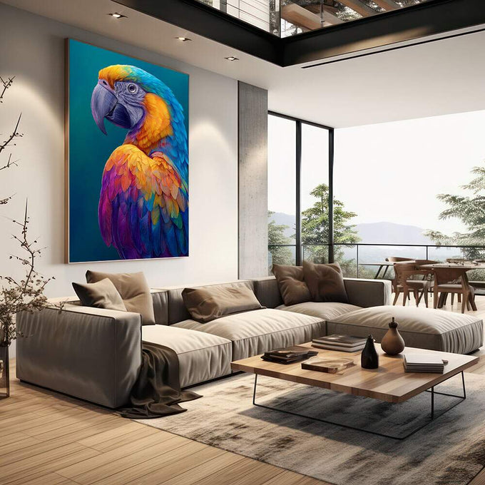 Quadro Decorativo Papagaio Colorido | quadros decorativos | Arara vibrante com plumas em azul, amarelo, roxo e laranja sobre fundo azul profundo em estilo realista. | em Quadros para Escritorio | Porao dos Quadros