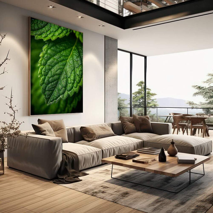 Quadro Decorativo Folhas Verdes Vibrantes | quadros decorativos | Folha verde com gotas de orvalho em macrofotografia detalhada com luz natural | em Quadros para Escritorio | Porao dos Quadros