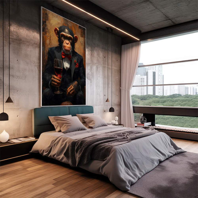 Quadro Decorativo Sofisticado Chimpanzé Elegante | quadros decorativos | Chimpanzé em smoking preto segurando taça de vinho com elegância humanizada | em Quadros para Escritorio | Porao dos Quadros