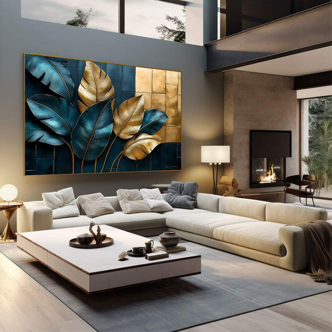 Quadro Decorativo Folhas Douradas e Azuis | quadros decorativos | Folhas douradas e azuis em composição moderna com fundo geométrico luxuoso | em Quadros para Escritorio | Porao dos Quadros