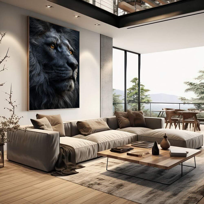 Quadro Decorativo Leão Majestoso e Elegante | quadros decorativos | Leão majestoso em preto e branco com olhos dourados vibrantes em composição realista. | em Quadros para Escritorio | Porao dos Quadros