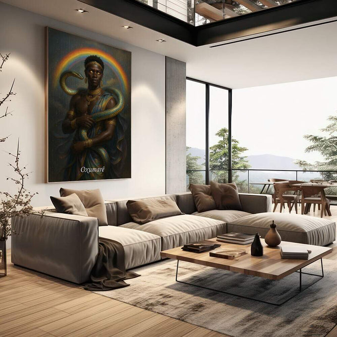 Quadro Decorativo Orixá Oxumarê: Renovação e Luz | quadros decorativos | Orixá com pele negra envolvido por serpente dourada em halo luminoso divino | em Quadros para Escritorio | Porao dos Quadros