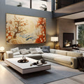 Árvores floridas em relevo com flores brancas e laranja e ondas creme e azuis, quadro decorativo