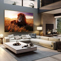 Quadro Decorativo Majestade da Savana | quadros decorativos | Leão majestoso em savana dourada ao entardecer com céu roxo, juba avermelhada, fotorrealismo. | em Quadros para Escritorio | Porao dos Quadros