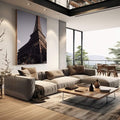 Quadro Decorativo Torre Eiffel Elegante | quadros decorativos | Torre Eiffel estruturada em tons dourados e preto com iluminação dramática | em Quadros para Escritorio | Porao dos Quadros